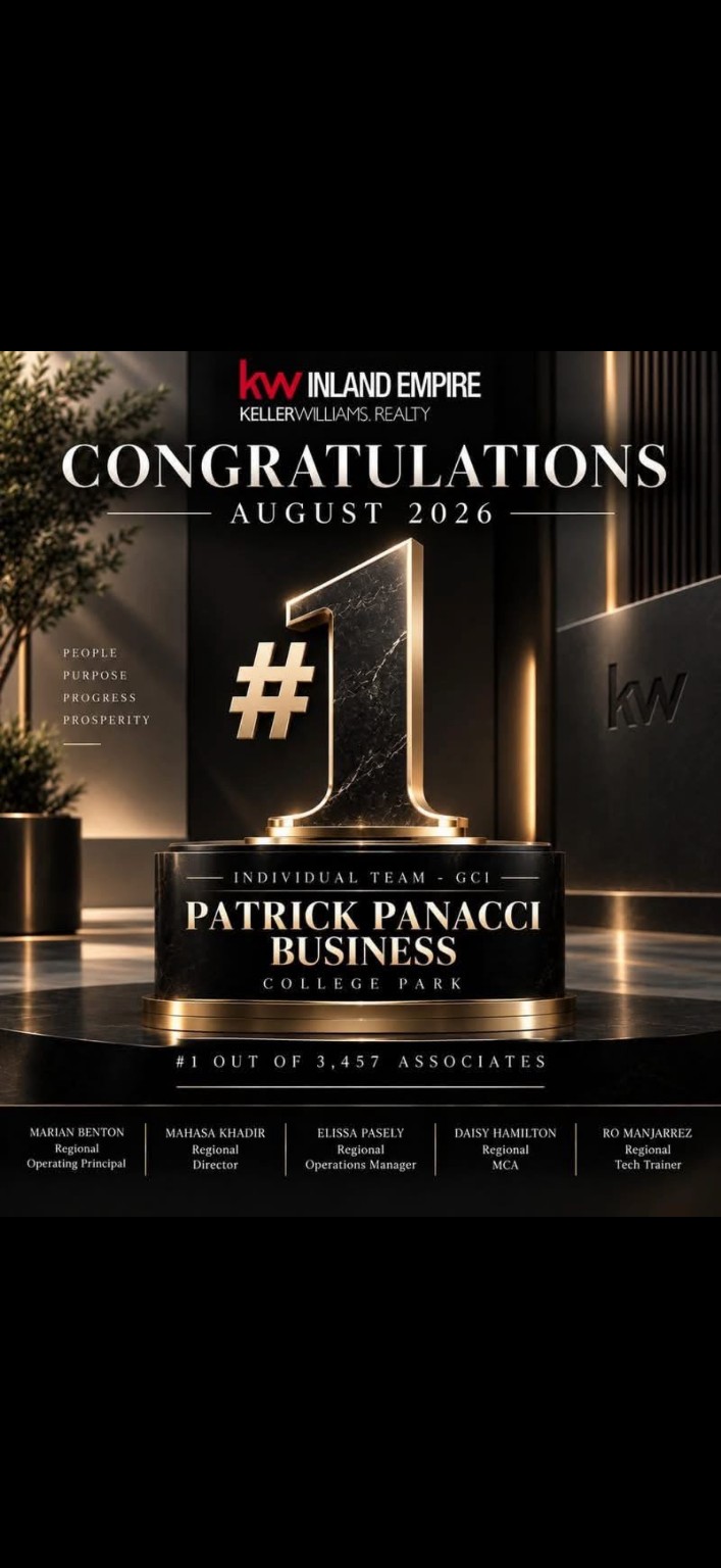 Keller Williams Inland Empire recognition artwork, August 2026: Patrick Panacci Business, College Park. Number 1 out of 3,457 associates; category shown as Individual Team — GCI.
